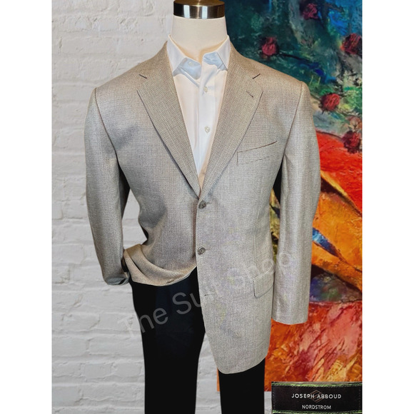 Joseph Abboud Mens 44L Golden Tan Blue Birdseye Silk Wool Blazer Sport Jacket - Picture 1 of 15